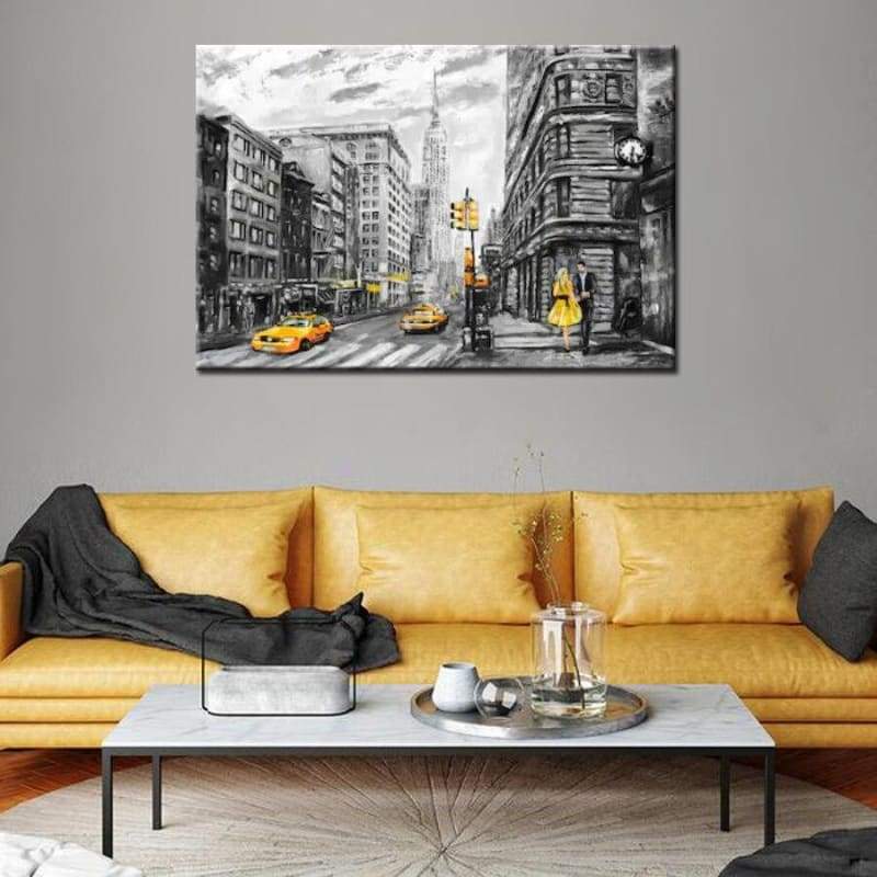Pintura Vintage De Táxi Amarelo Preto E Branco De Nova York