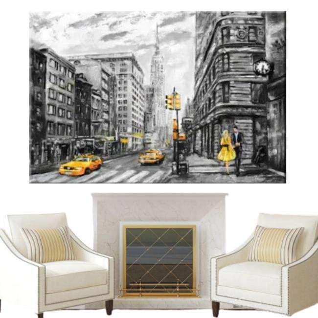 Pintura Vintage De Táxi Amarelo Preto E Branco De Nova York
