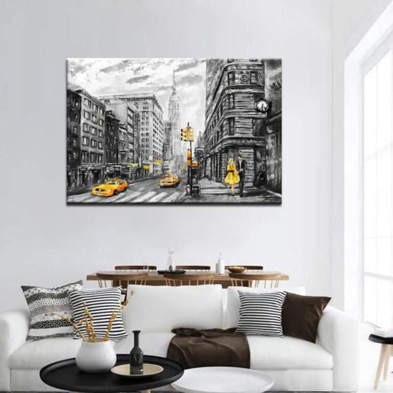 Pintura Vintage De Táxi Amarelo Preto E Branco De Nova York